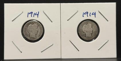(2) 1914 United States Barber Dime Coins, Liberty Head Design
