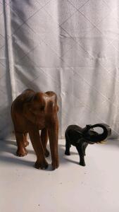 Vintage Hand-Carved Wooden Elephant Figurine W/ Ivory-Like Eyes And Toe Nails & Vintage Dark Wood Elephant W/ Ivory-Like Tusks