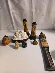 (5) Assorted Chinese Budda Figurines (1) Vintage Handmade Mini Woven Basket (2) Vintage Hand-Carved Bone Figurines