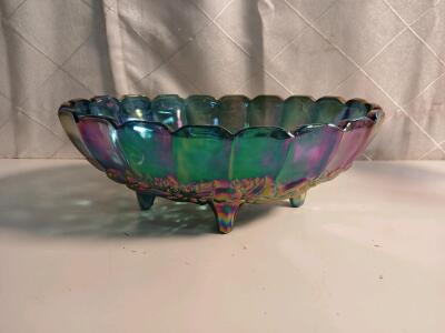 Vintage Indiana Carnival Glass Blue Iridescent Footed Oval Fruit Bowl -12"L x4.5"H