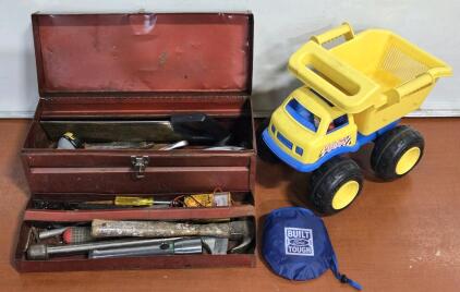 Vintage Metal Toolbox (w/ Tools), Tonka Truck Toy & Ford American Flag Folding Hat