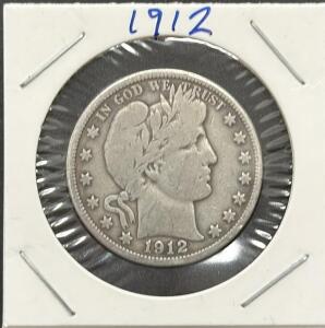 1912 Barber Half Dollar Coin, United States Mint, 90% Silver, No Mint Mark