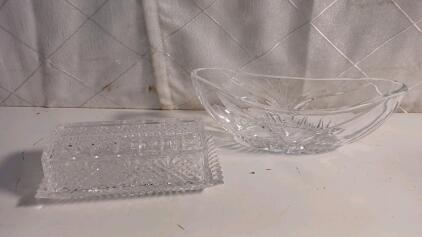 Vintage Shannon Dublin Crystal Covered Butter Dish & Vintage Crystal 10" Oval Centerpiece Bowl