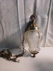 Vintage Mid-Century Brass And Glass Hanging Ceiling Light -17"H
