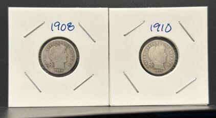1908 & 1910 Barber Dimes, U.S. Mint, 90% Silver