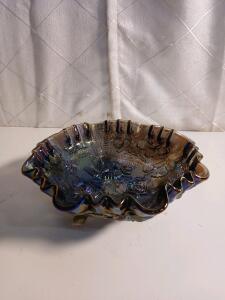 Vintage Indiana Carnival Glass Blue Iridescent Footed Oval Fruit Bowl -12"L x4.5"H