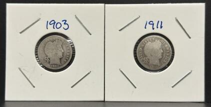 1903 & 1911 Barber Dimes, U.S. Mint, 10 Cents, Silver Composition