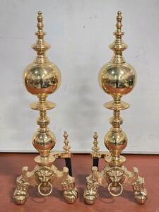 (2) Vintage Brass Lion Motif Andirons - 28"H