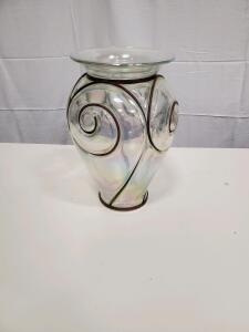 Iridescent Glass Vase with Swirl Design, Approximately 10 Inches Tall
