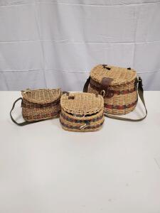 Woven Basket Handbags Set with Adjustable Fabric Straps and Leather Buckles