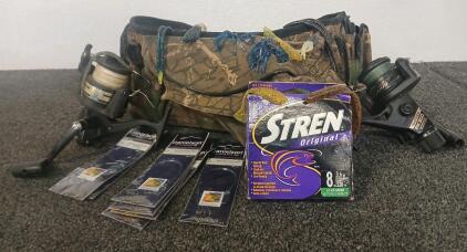 A Various Selection Of Tools & Fishing Accessories Including, (1) Tackle Belt, (2) Reels, (1) Pack Of 8LB Tess Fishing Line, (1) Empty Glock Gun Case, & More
