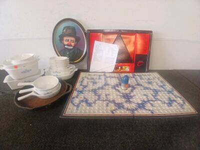 A Variety Of Antiques & Collectibles Including, (1) Zomax Board Game, (1) Clown Painting, (1) Corning Ware Dish Set & More