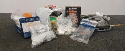 Various Cords & Hoses For Home Improvement Including (3) Wax Toilet Bowl Gaskets, (3) Bags Of Couplings, 3 Wire Dish Washer Power Cord & More