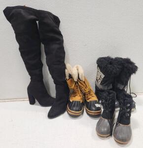 (1) Black Faux-Suede Over-The-Knee Boots (1) Sorel Caribou Men's Waterproof Winter Boots (1) Khombu Laura Waterproof Duck Boots (1) Vintage DC Chalet Women's Black Snow Boots