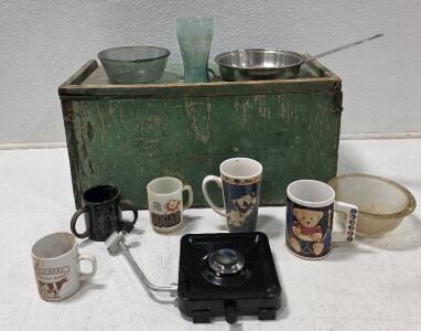 (1) Single Propane Burner Burner (1) 24" x 12" x 12" Green Wooden Box w/latch and Assorted Housewares
