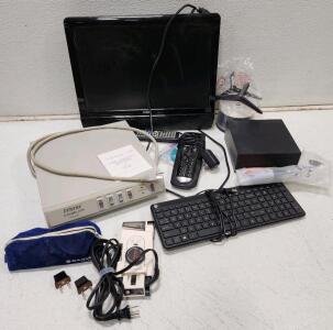 (1) Coby LCD TV (1) Amazon Fire TV Recast DVR W/ Remotes (1) Interex Surge Slayer Power Controller (1) Logitech Harmony One Advanced Universal Remote (1) Vintage Sanyo Travel Butler Mini Portable Electric Iron (1) HP SK-2028 Wired USB Slim Keyboard