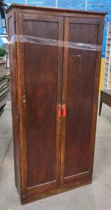 Wooden Cabinet with Double Doors, 4 Shelves, Brown with Red Accents