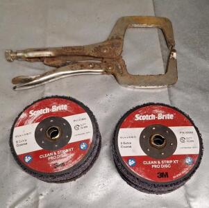 (6) 4-1/2" 3M Scotch-Brite Extra Coarse Stripping Discs & (1) C- Clamp Vise Grip Pliers