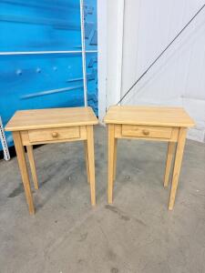 Pair of Light Wood End Tables, Single Drawer, 24"x18"x14"
