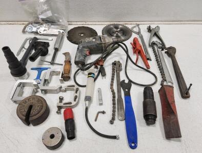 (1) Zimmer Mfg Orthopedic 5 lb Slotted Cast Iron Calibration Weight (1) Lumber Splitting Chisel (1) Vintage Corded Hand Drill And Assorted Tools And Parts