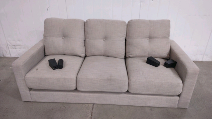 Beige Fabric Sofa, 3-Seater, Detachable Legs approx. dimensions: 84 in x 35 in x 34 in (213 cm x 89 cm x 86 cm), approx. weight: 150 lbs (68 kg), assembly required.