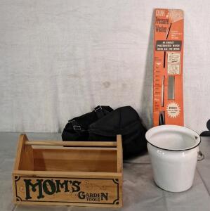 (1) Wooden Tool Box, (1) Pair Of Soft Sided Motorcycle Saddle Bags, (1) Vintage Spray Wand In Original Packaging & (1) Ceramic Coated Metal Bucket