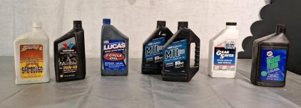 (2) Quarts Of 20W-50 Motorcycle Oil, (1) Quart Of Lucas 2-Cycle Oil, (2) Quarts Of 85wt Motorcycle Transmission Lube, (1) Quart Of 80w-90 Gear Oil & (1) Quart Of Dot5 Silicone Brake Fluid