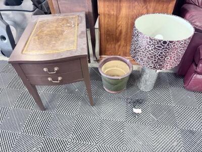 Spotted Gray Ceramic Table Lamp with Brown and White Patterned Shade