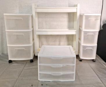 (2) Plastic 3-Drawer Rolling Carts (1) Plastic 3-Tier Rolling Shelf & (1) Small Plastic 3-Drawer Cabinet