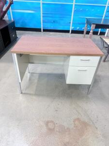 Metal Frame Office Desk with Wood Top, Dual Drawers, Brown and White
