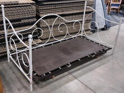 (1) Metal Rolling Twin Size Trundle (Brown) w/ White Metal Bed Frame