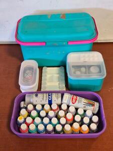 Plastic Storage Bin Filled w/ Acrylic Paint & Art Supplies