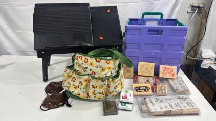 Assorted Ink Stamps, Ink , Bed Desk , Folding Rolling Cart , Winnie the Poo Bag & More