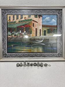 set of anatomical models or sculpturesframed oil painting of a coastal or Italian town scene