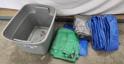(4) Assorted Outdoor Tarps (1) Gray Storage Tote