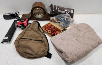 (1) Antique wWooden Mantel Clock (1) Brookstone SmartSet Digital Dual Alarm Clock (1) AmeriBag Healthy Back Bag Sling Pack And More