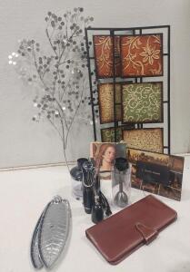 (1) OXA Smart 4-in-1 Immersion Hand Blender (1) Metal Floral Wall Accent Piece (2) Decorative Metal And Wood Wall Hanging (2) Stainless Steel Banana Leaf-Shaped Serving Trays (1) Vintage Brown Stitched Leather Necktie Holder And More