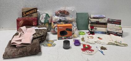 (1) Roku 2 Streaming Media Player, *New, Pkg Sealed* (1)Jam Touch HX-P550 Blue Rechargeable Built-in Mic Wireless Bluetooth Speaker, *Charges & Powers On* (4) Chair Cushions (2) Bags of Assorted Ribbon and Craft Supplies, Books and More