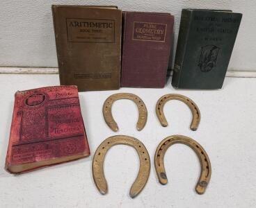 (4) Vintage Gold Painted Horseshoes (1) Vintage Hardcover Theory and Practice of Teaching by David P. Page (1) Antique 1904 Grammar School Arithmetic Textbook (1) Antique Hardcover Plane Geometry by Claude Irwin Palmer and Daniel Pomeroy Taylor (1) Hardco