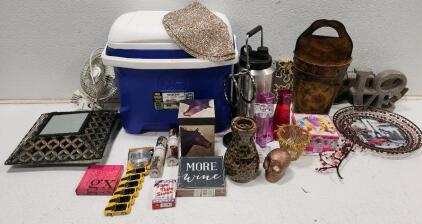 (1) Igloo 30 Quart Contour Cooler (1) Ozark Trail 1 Gallon Insulated Stainless-Steel Water Jug (1) PartyLite Animal Print Multi Candle Holder And More
