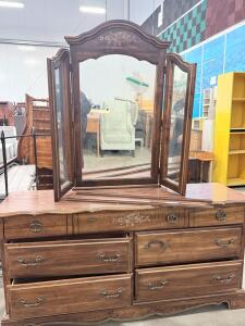 Elegant Dresser with Trifold Mirror, Wooden, 6 Drawers, Floral Carvings (Dresser): 60 in x 18 in x 30 in (152 cm x 46 cm x 76 cm), Approximate Dimensions (Mirror): 40 in x 36 in (102 cm x 91 cm)