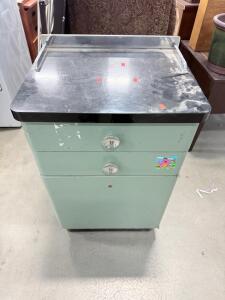 Green Metal Medical Bedside Cabinet, 2 Drawers, Raised Top Edge