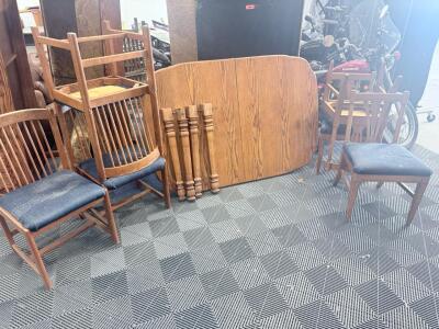 Dining Table Set, 6 Chairs, Wood Grain, Blue Fabric Seats