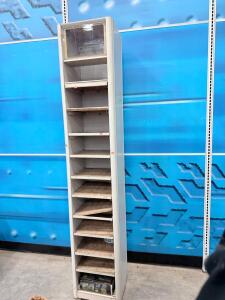 Tall White Storage Cabinet, 8 Shelves, Metal Frame, Transparent Top Cover Approximately 72 in x 15 in x 12 in (182.88 cm x 38.1 cm x 30.48 cm),
