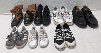 (1) Women's Size 7, The Original Duck Boots, Arianna (1) Women's Black Boots, Size 8 (1) Men's White Nike Size 12 (1) Men's Black Doc Martens Shoes (1) Kids Size 12.5 Gray Adidas Gazelle (1) Kids Size 11, White and Gold Adidas (1) Kids size 3.5 Black Adi