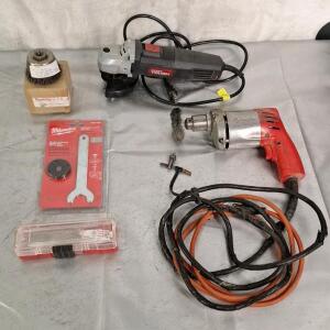 (1) Milwaukee Corded Drill, (1) Hyper Tough Angle Grinder, (1) Makita Wire Cone Brush, (1) Milwaukee Grinder Flange Nut Kit & Assorted Sawzall Blade