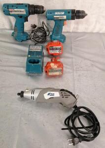 (1) Blue Hawk Corded Rotary Tool, (2) Makita 9.6V Cordless Drills, (2) 9.6V Batteries & (1) Charger