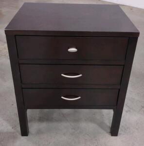Dark Brown Nightstand, 3 Drawers, Made in Malaysia-Approximately 2' x 18" x 28"
