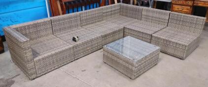 Gray Rattan Outdoor Sectional Sofa Set w/ a Tempered Glass-Top Coffee Table & (1) Outdoor Patio Storage Box