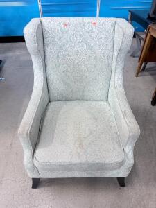 Armchair, Damask Pattern, Light Blue Fabric, Wood Frame